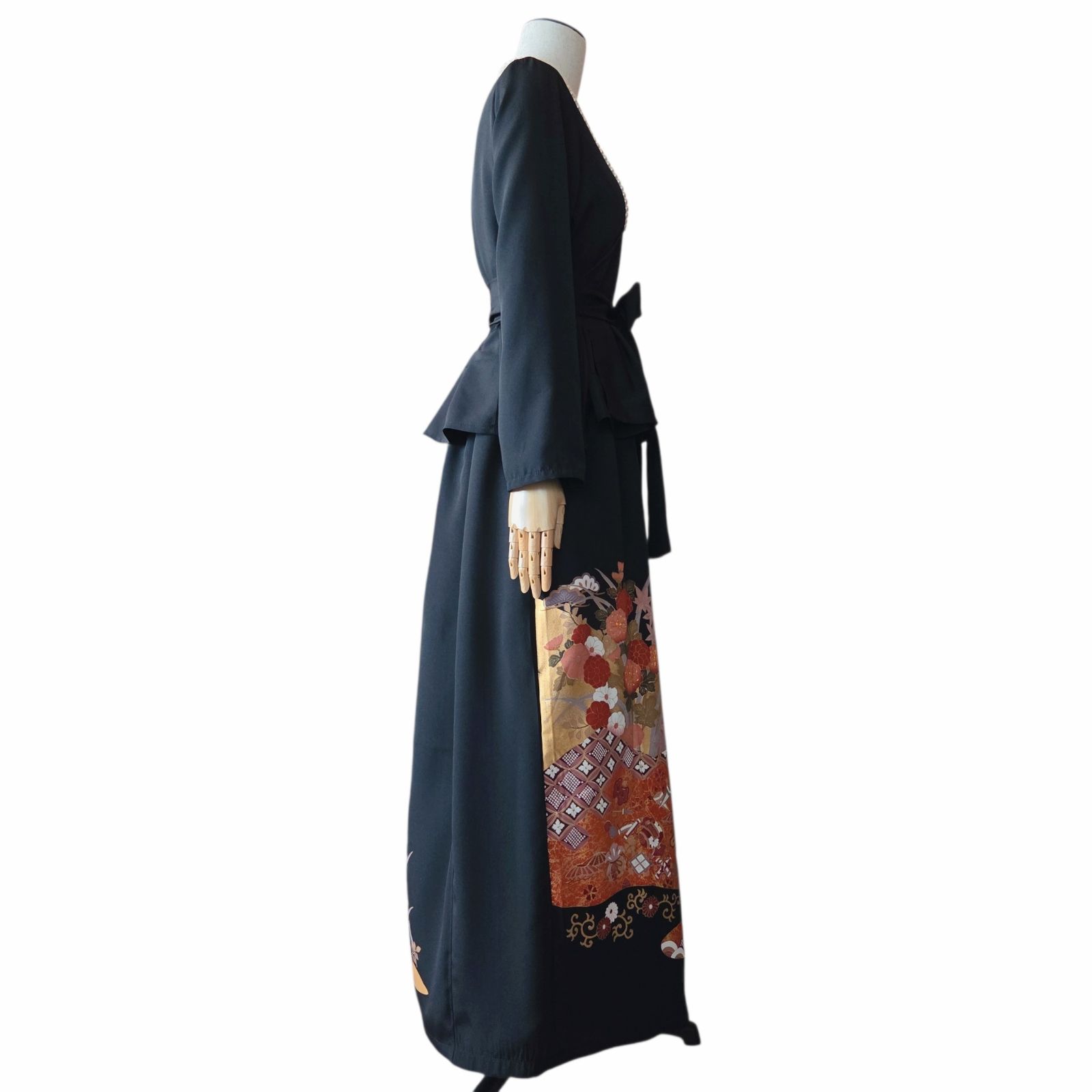 着物リメイク　大きいサイズ　黒留袖　セットアップ　ペプラム　ドレス　カシュクール ❦Kaena❦ 着物リメイク セットアップ ロング ワンピース ペプラム