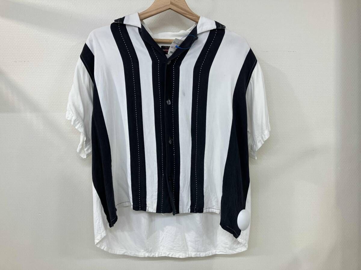 ペパーミント ロカビリー テールカット シングルステッチ フロントボタン 半袖シャツ 白 ホワイト ストライプ 90 s