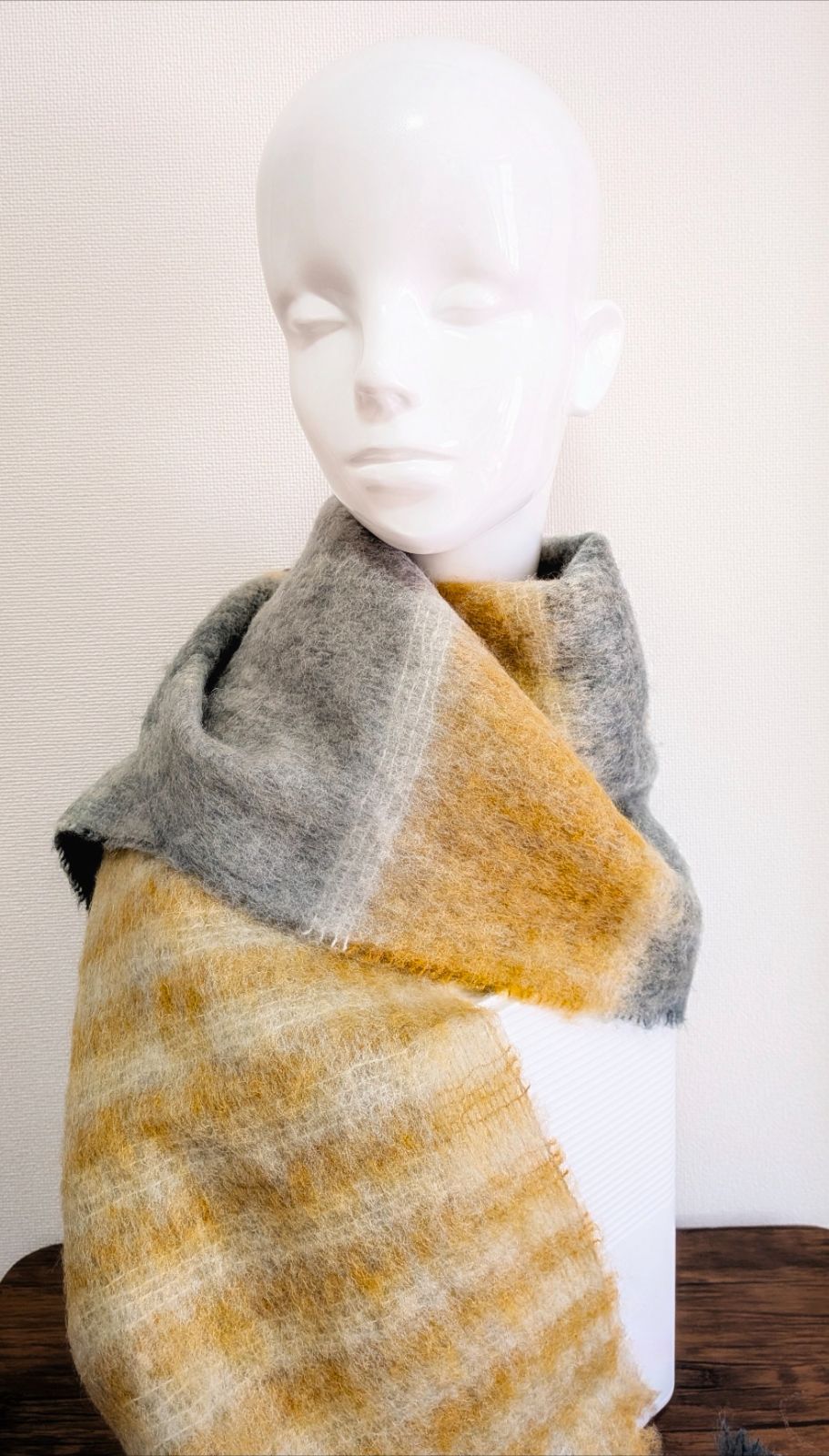 イタリア製 インポート VIOLA FIRENZE UNITED ARROWS ユナイテッドアローズ イエロー×グレー 大判ストール モヘヤ風ストール ウールマフラー ボリュームストール Wストライプ