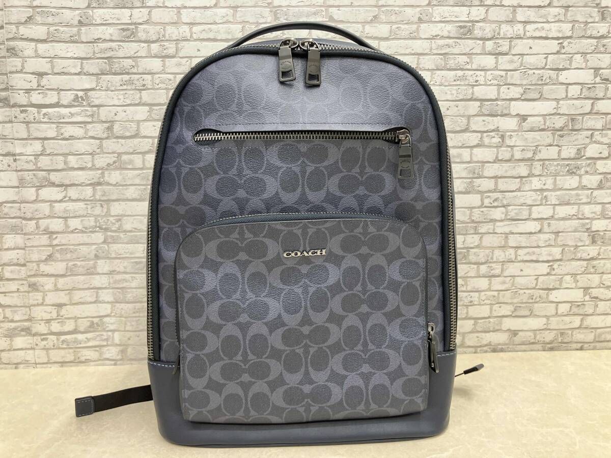 COACH コーチ シグネチャー デニム イーサン バック パック リュックサック D 2421 CU 548 ネイビー レザー PVC加工デニム