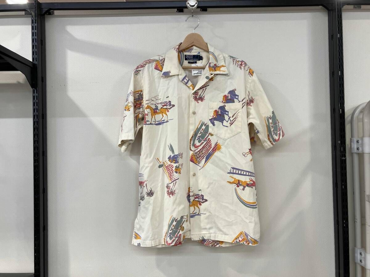 POLO RALPH LAUREN ポロラルフローレン オープン シャツ 半袖シャツ サイズM ベージュ 馬柄 コットン メンズ 90 s 穴有り