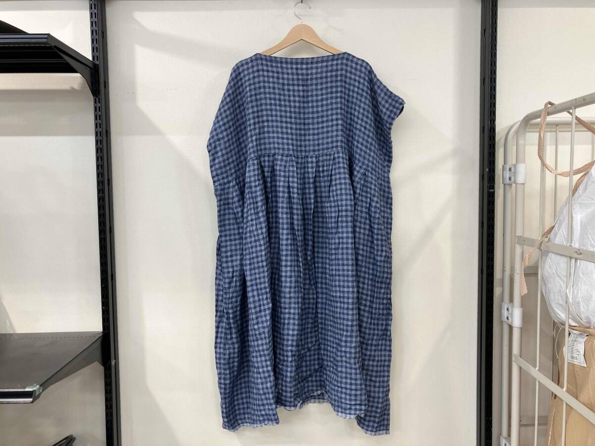 veritecoeur ヴェリテクール スキッパータックワンピース サイズF 青 ブルー チェック柄 リネン レディース 両サイドポケット