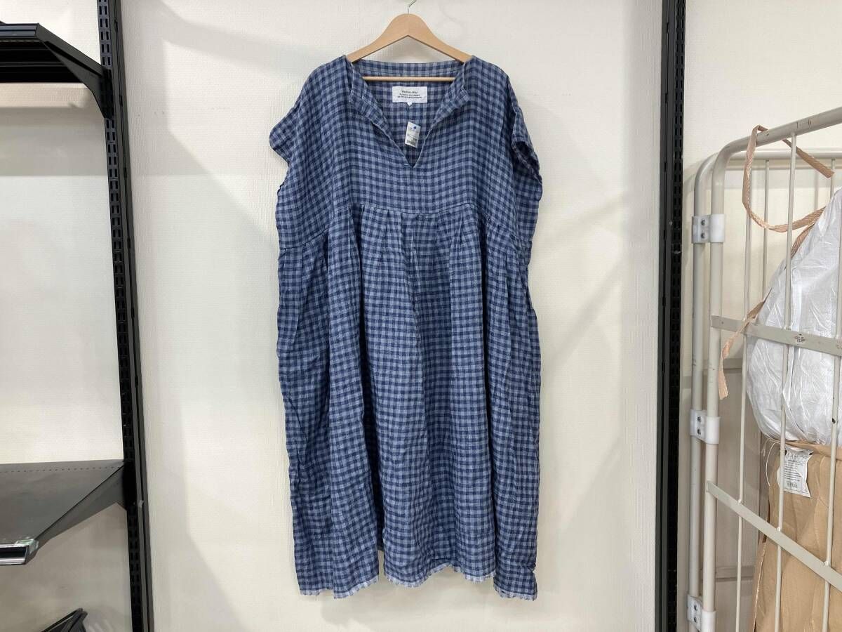 veritecoeur ヴェリテクール スキッパータックワンピース サイズF 青 ブルー チェック柄 リネン レディース 両サイドポケット