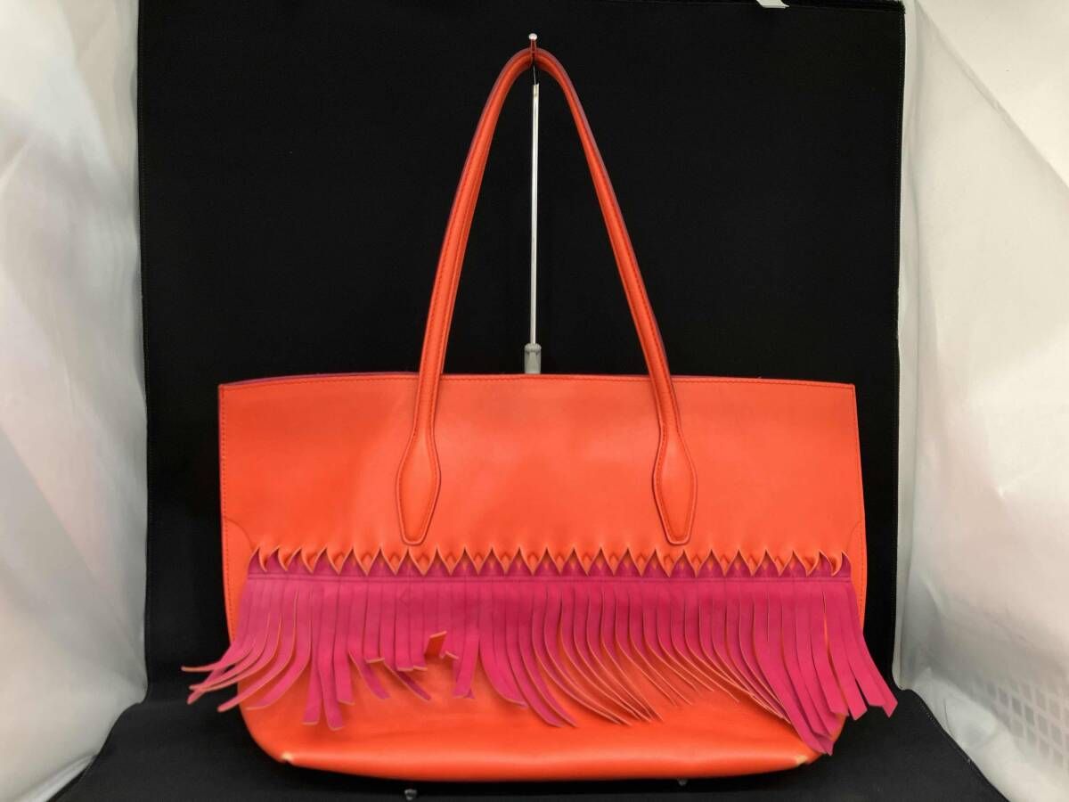 TOD S トッズ フリンジレザートートバッグ シボ革 スナップボタン オレンジ 本革 イタリア製 シミ 角擦れ有