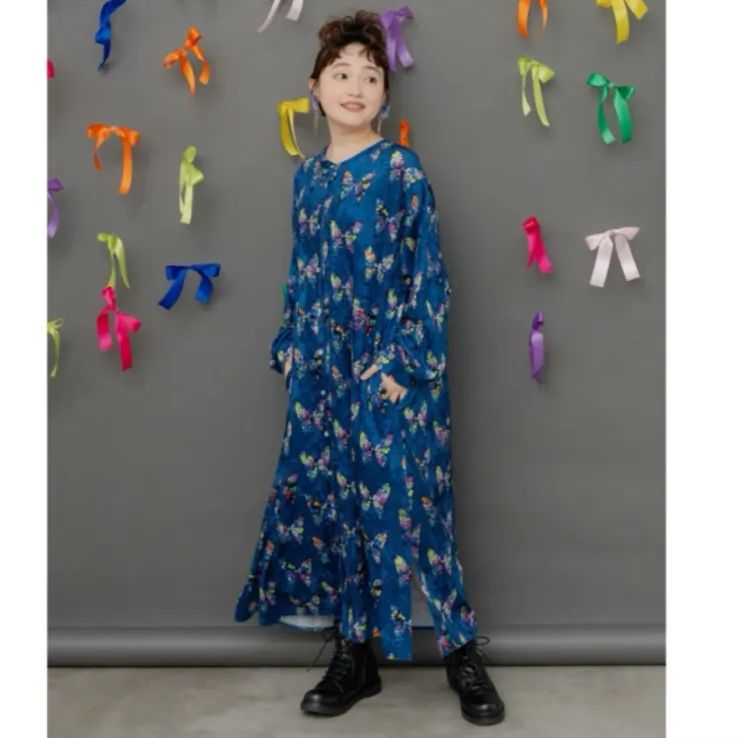 Scolar アニマル 蝶柄 前開きクラッシュベロアワンピース