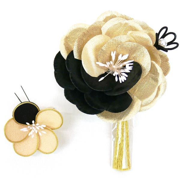 振袖用 大輪 髪飾り ２点セット kk-018 成人式 パール 振袖 卒業式 かんざし 花飾り ゴールド 金 黒 ブラック 京都うさぎ堂