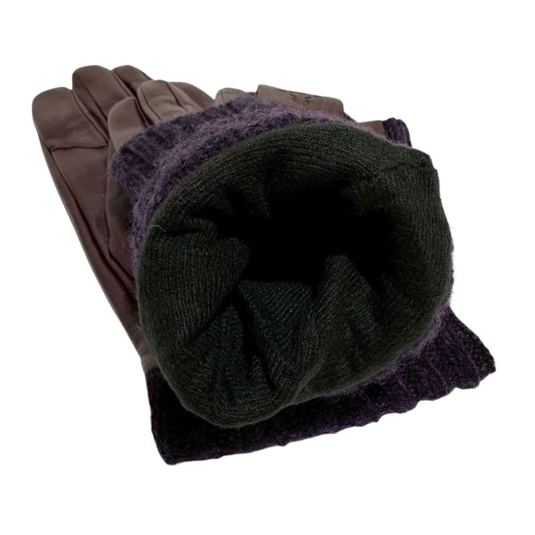  ヴィヴィアン ウエストウッド レディース コンビ 手袋 レザー リブ ニット ロング グローブ 2 WAY タッチパネル対応 オーブ パッチ ブラウン 手袋 アームカバー 小物