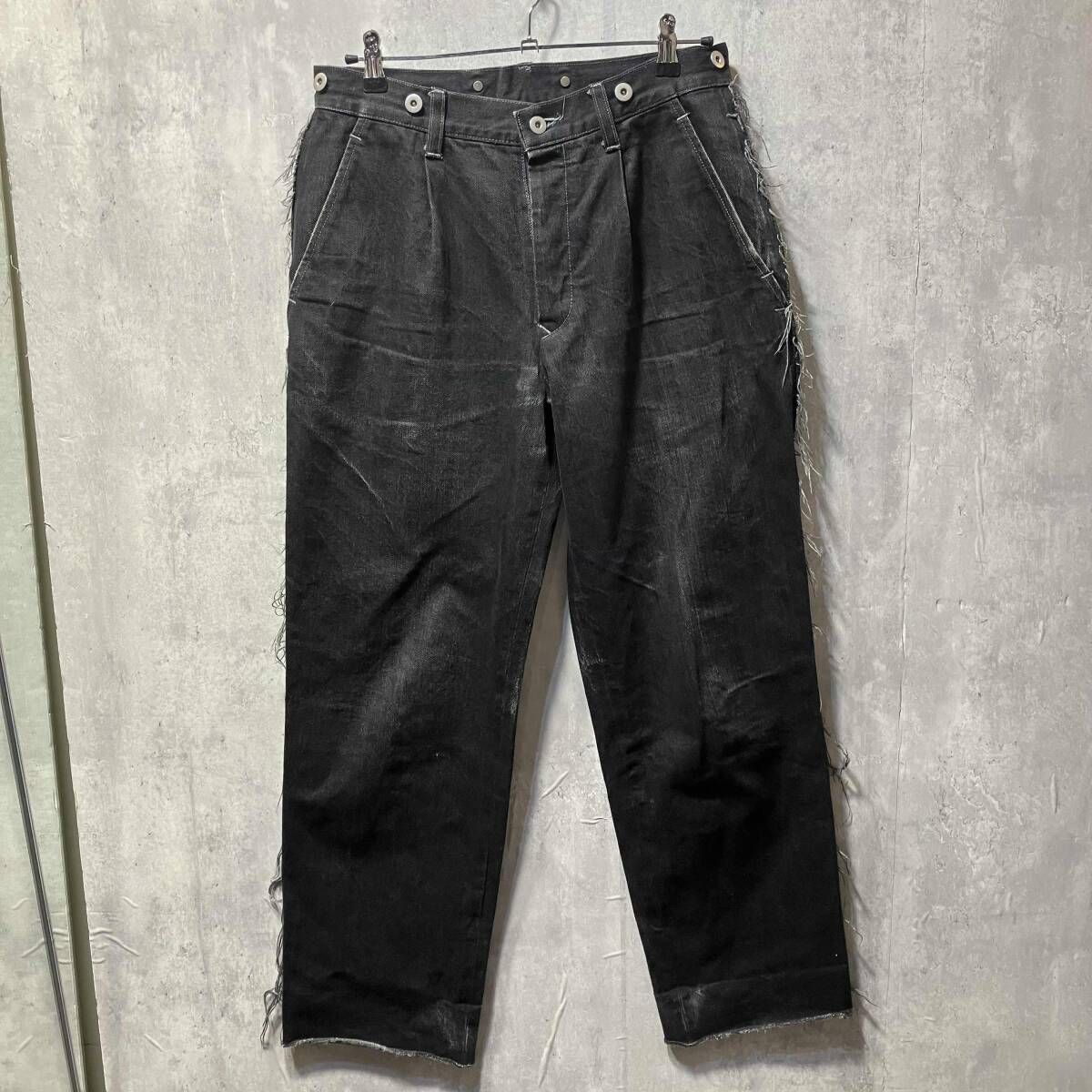 MAINU サスペンダーボタンサイドフリンジデニムパンツ サイズ2 ブラック マイヌ