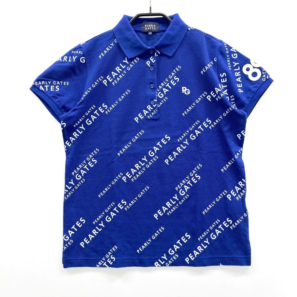 サイズ 2 PEARLY GATES パーリーゲイツ 半袖ポロシャツ ロゴ 総柄 ブルー系 ゴルフウェア レディース ストスト
