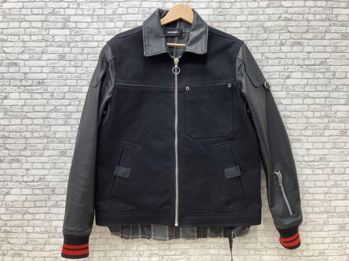 DIESEL ディーゼル 切替レザーブルゾン スタジャン レイアード風 サイズM ブラック