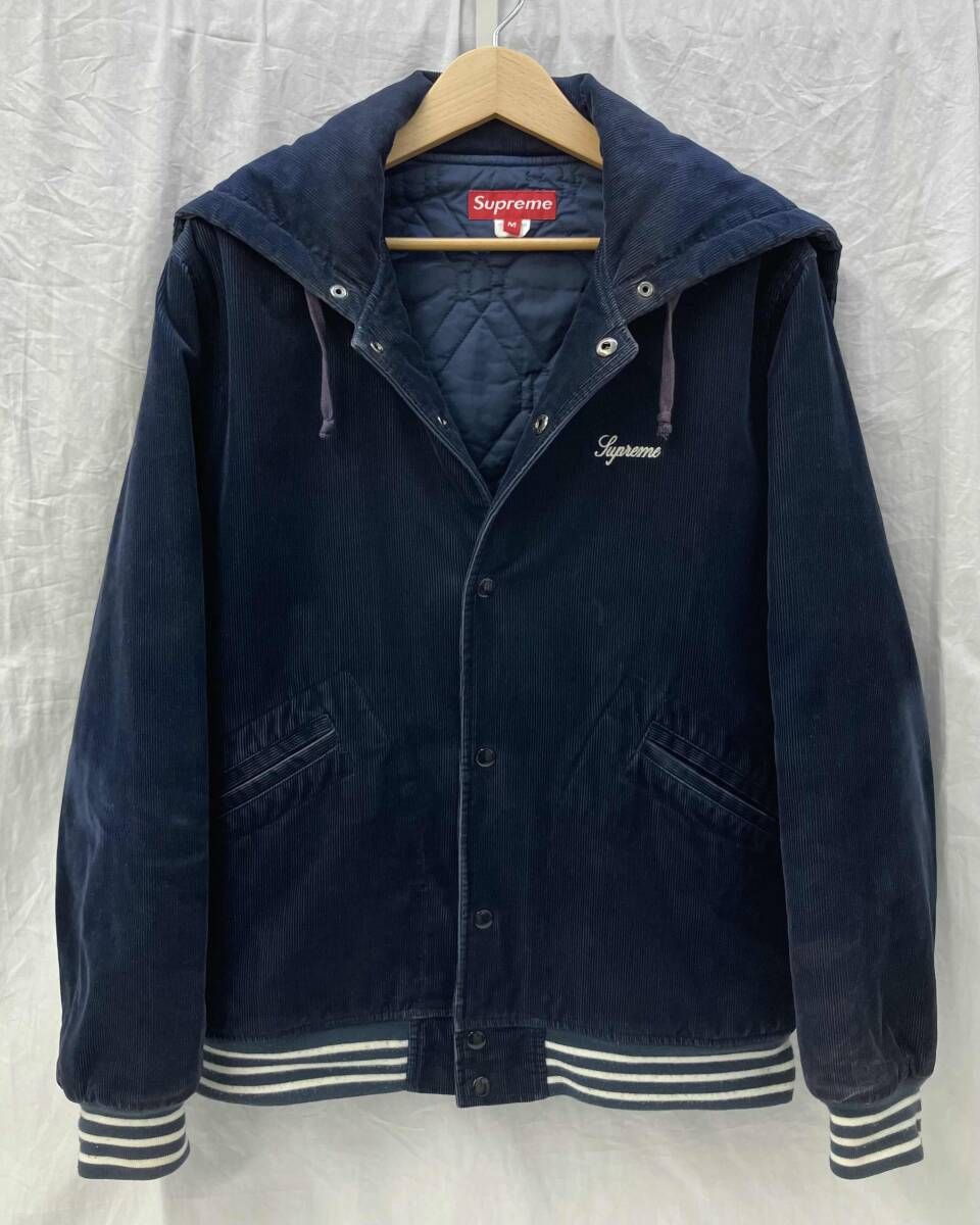 07 AW Supreme シュプリーム Corduroy hood stadium jacketコーデュロイ スタジャン ジャケット M ネイビー フード付