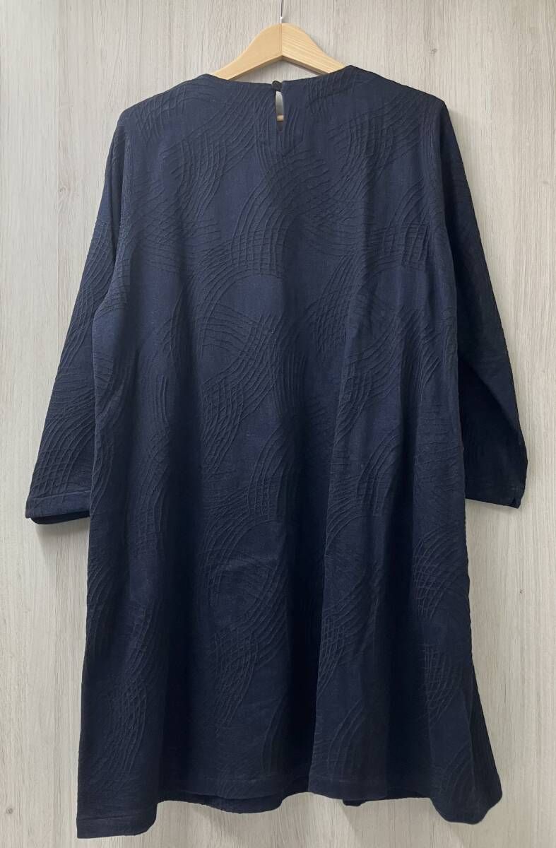 群言堂 デニム 総柄 長袖ワンピース フリーサイズ ネイビー