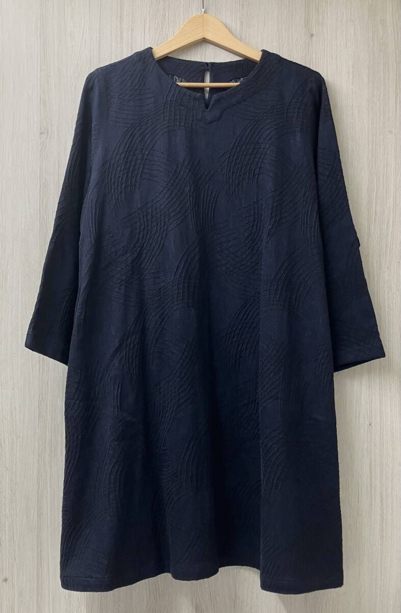 群言堂 デニム 総柄 長袖ワンピース フリーサイズ ネイビー