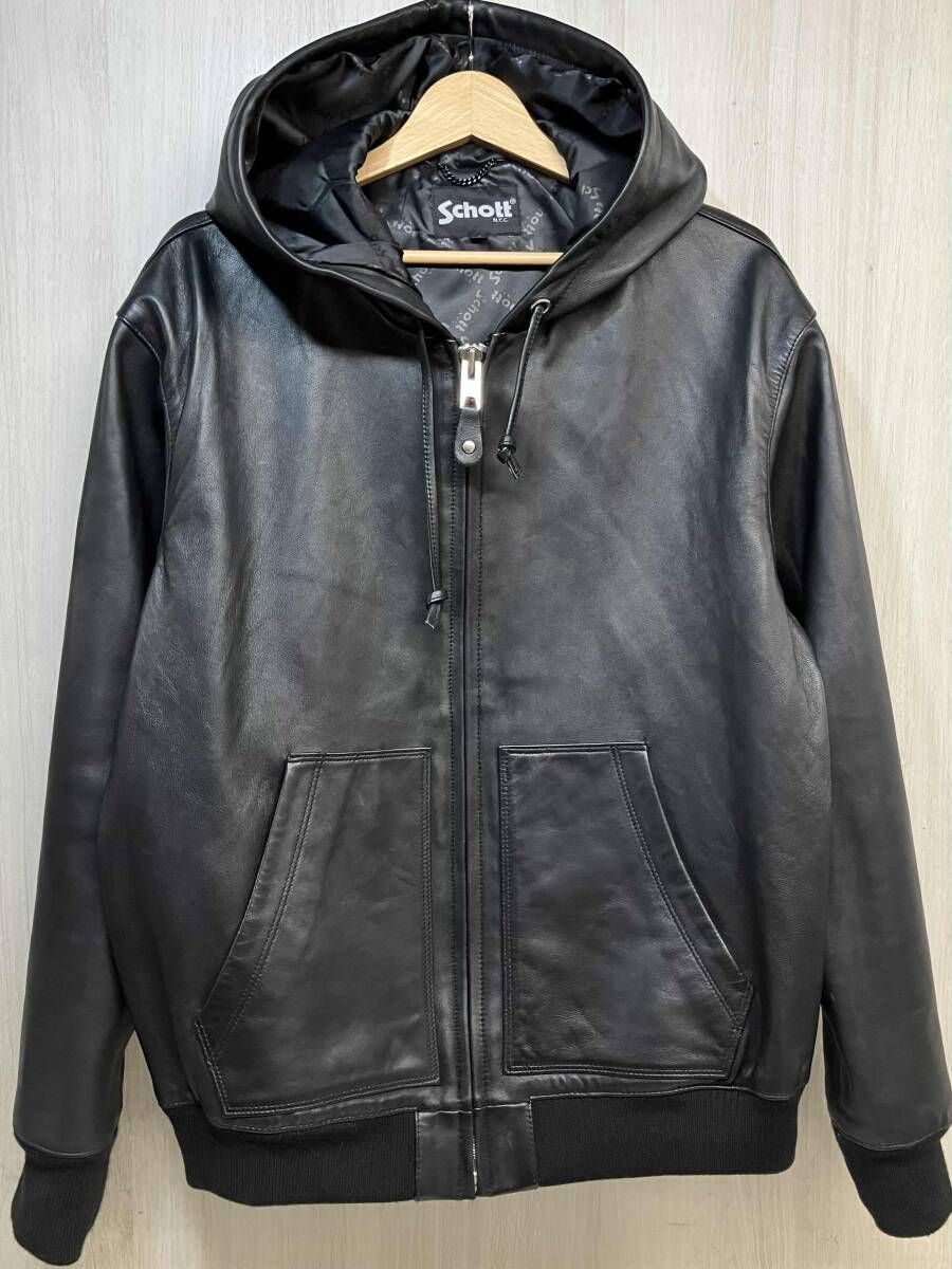 SCHOTT N Y C 本革 レザー フルジップ パーカー ショット 羊革 メンズ ブルゾン フーディー ジャケット L ブラック 3111054