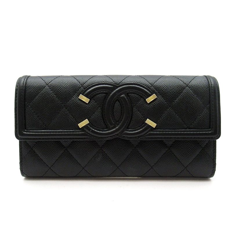 シャネル CCフィリグリー 二つ折り長財布 A 84448 キャビアスキン レディース ブラック