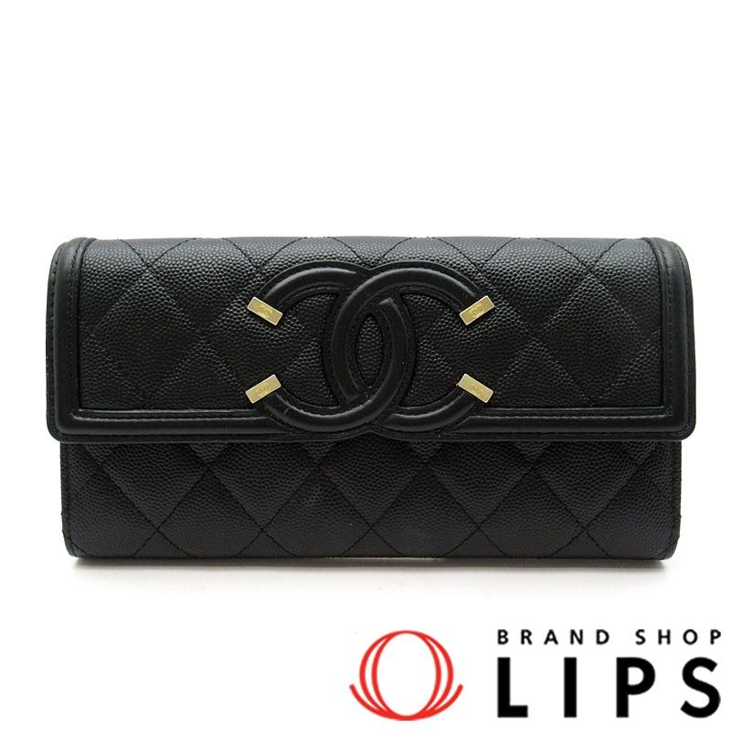 シャネル CCフィリグリー 二つ折り長財布 A 84448 キャビアスキン レディース ブラック