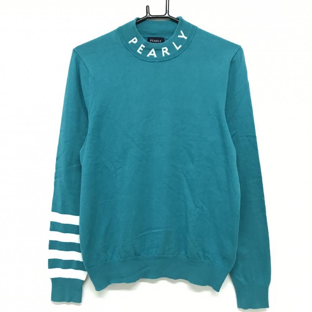パーリーゲイツ ハイネックセーター ターコイズブルー×白 ネックロゴ