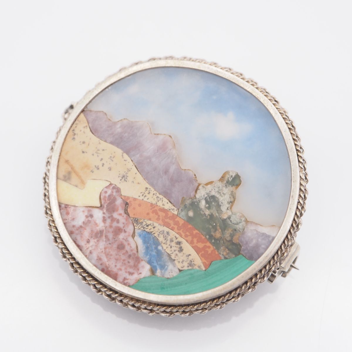L 287 アメジスト マラカイト 孔雀石 等 ストーン 800刻印 ブローチ インレイ 景色 風景 デザイン シルバー ヴィンテージ