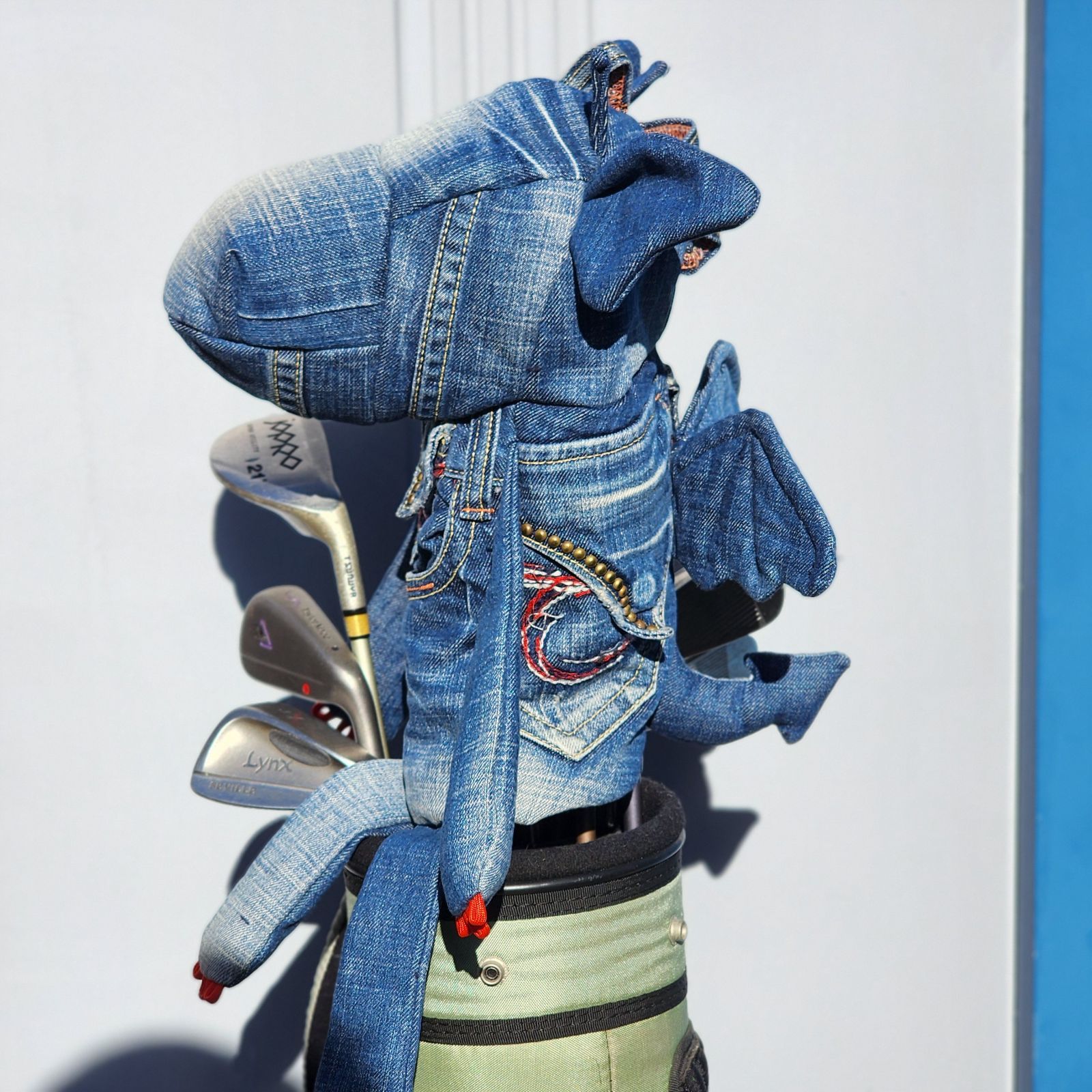 ゴルフヘッドカバー ドライバー用 ハンドメイド デニムリメイク ドラゴン 460 cc対応