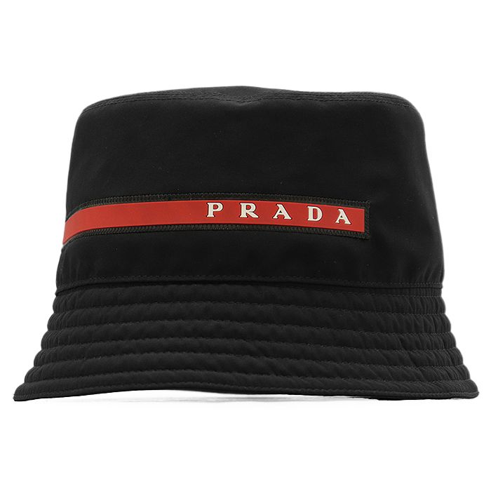 PRADA SPORT プラダ スポーツ テクニカルバケットハット 高密度ナイロン シグネチャー レッドライン ラバーロゴ 撥水性 帽子 メンズ レディース ユニセックス サイズ L ブラック 黒 イタリア製