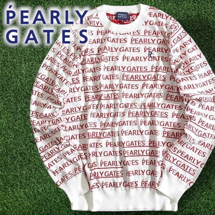 PEARLY GATES パーリーゲイツ ゴルフ 軽量 メゾンロゴ柄 薄手 クルーネック 丸首 長袖 ニット プルオーバー セーター ゴルフウェア 053 2170305 定価3 5万 ホワイト レッド 4 039 50213 w 03