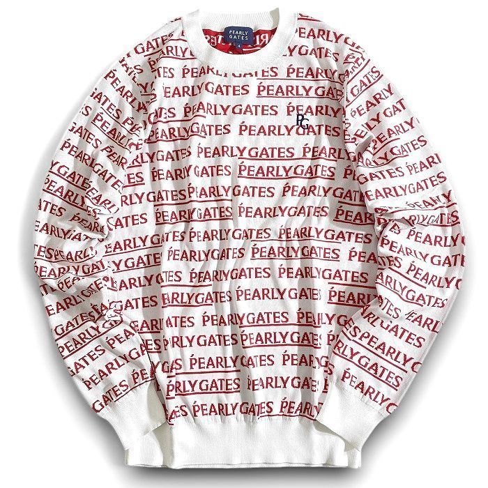 PEARLY GATES パーリーゲイツ ゴルフ 軽量 メゾンロゴ柄 薄手 クルーネック 丸首 長袖 ニット プルオーバー セーター ゴルフウェア 053-2170305 定価3.5万 ホワイト レッド 4 039 50213 w 03