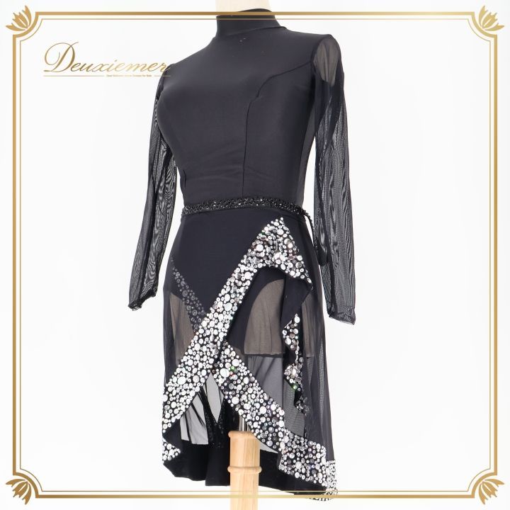 【美品 社交ダンス衣装】ワンピース ドレス ラテン 可愛い 黒 ブラック グレー 社交ダンス 衣装 ラテン ドレス ワンピース 黒 無地 レース デモ 競技