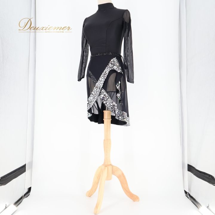 社交ダンス 衣装 ラテン ドレス ワンピース 黒 無地 レース デモ 競技