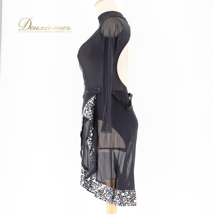 社交ダンス 衣装 ラテン ドレス ワンピース 黒 無地 レース デモ 競技