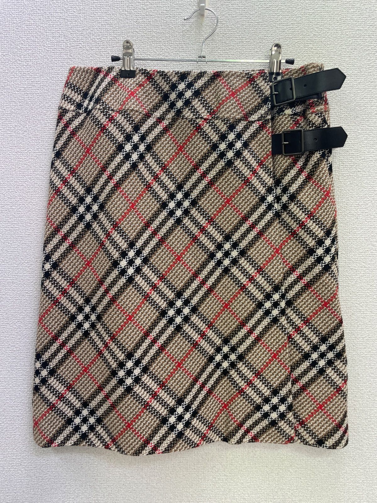 ⑨ Burberry チェック柄スカート レディース 大きいサイズ 46 綿 牛革 裏地付
