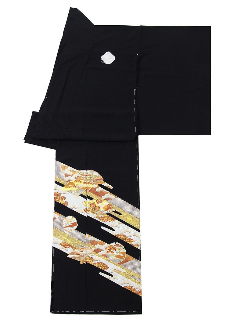 記念感謝祭 仕立無料 京友禅伝統工芸名門千切屋取扱特撰手描き染 本金加工 鹿の子染 正倉院吉祥祝古典図道長文黒留袖