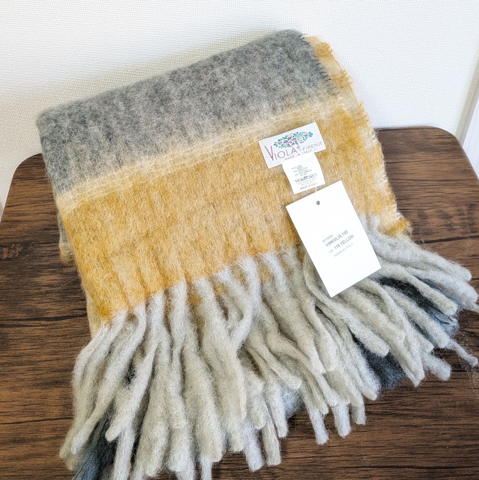  イタリア製 インポート VIOLA FIRENZE UNITED ARROWS ユナイテッドアローズ イエロー×グレー 大判ストール モヘヤ風ストール ウールマフラー ボリュームストール Wストライプ ストール ショール 小物