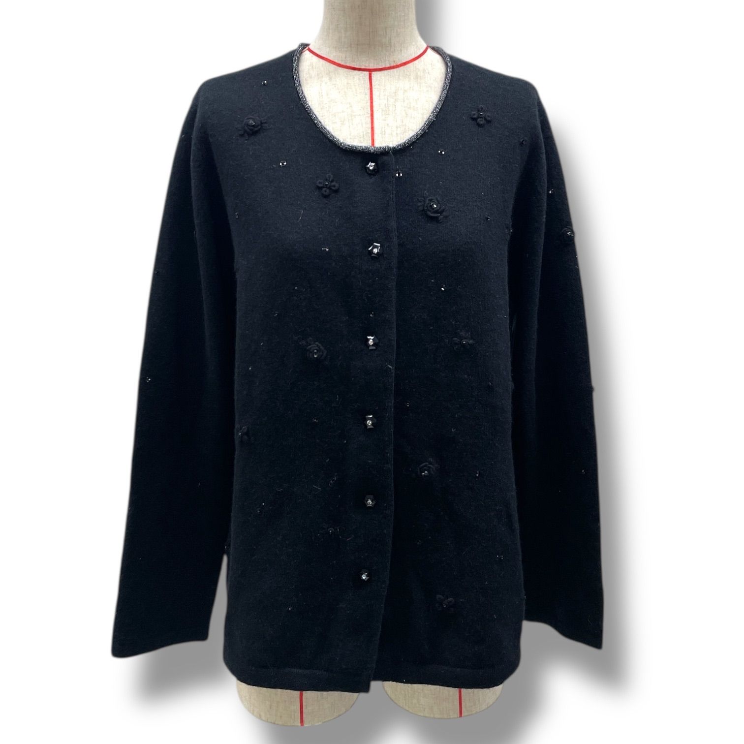 ATELIER SAGAN アトリエサガン カシミヤ 刺繍 ニットカーディガン 花柄 フラワー 羽織り 長袖 レトロ 黒 ブラック Lサイズ レディース 冬 ゴーゴー古着マルイファミリー 5 No 364