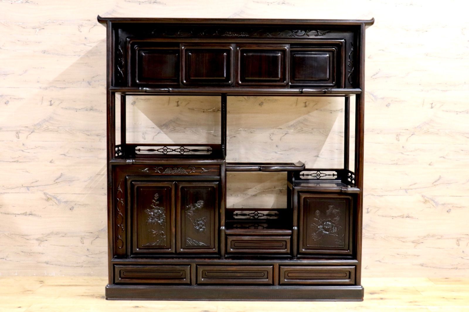 GMIH344○黒檀 茶棚 飾り棚 違い棚 サイドボード キャビネット 唐木