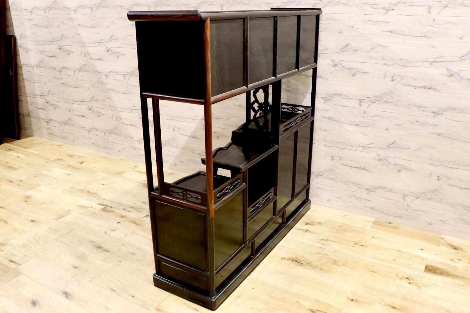 GMIH344○黒檀 茶棚 飾り棚 違い棚 サイドボード キャビネット 唐木