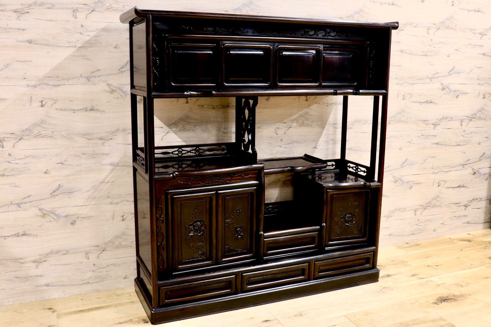 GMIH344○黒檀 茶棚 飾り棚 違い棚 サイドボード キャビネット 唐木