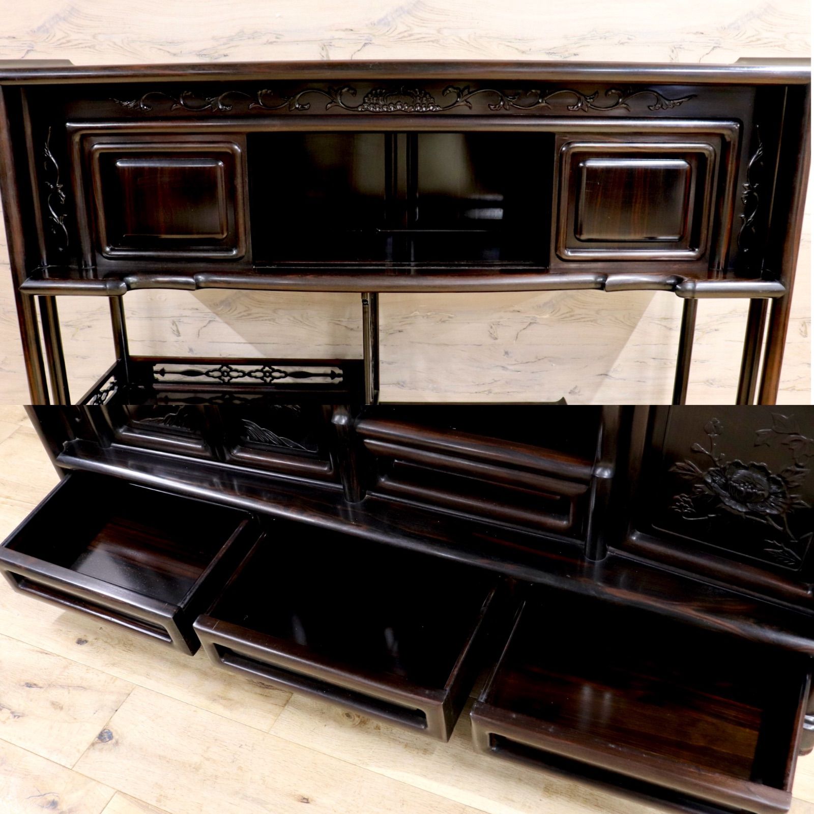 GMIH344○黒檀 茶棚 飾り棚 違い棚 サイドボード キャビネット 唐木