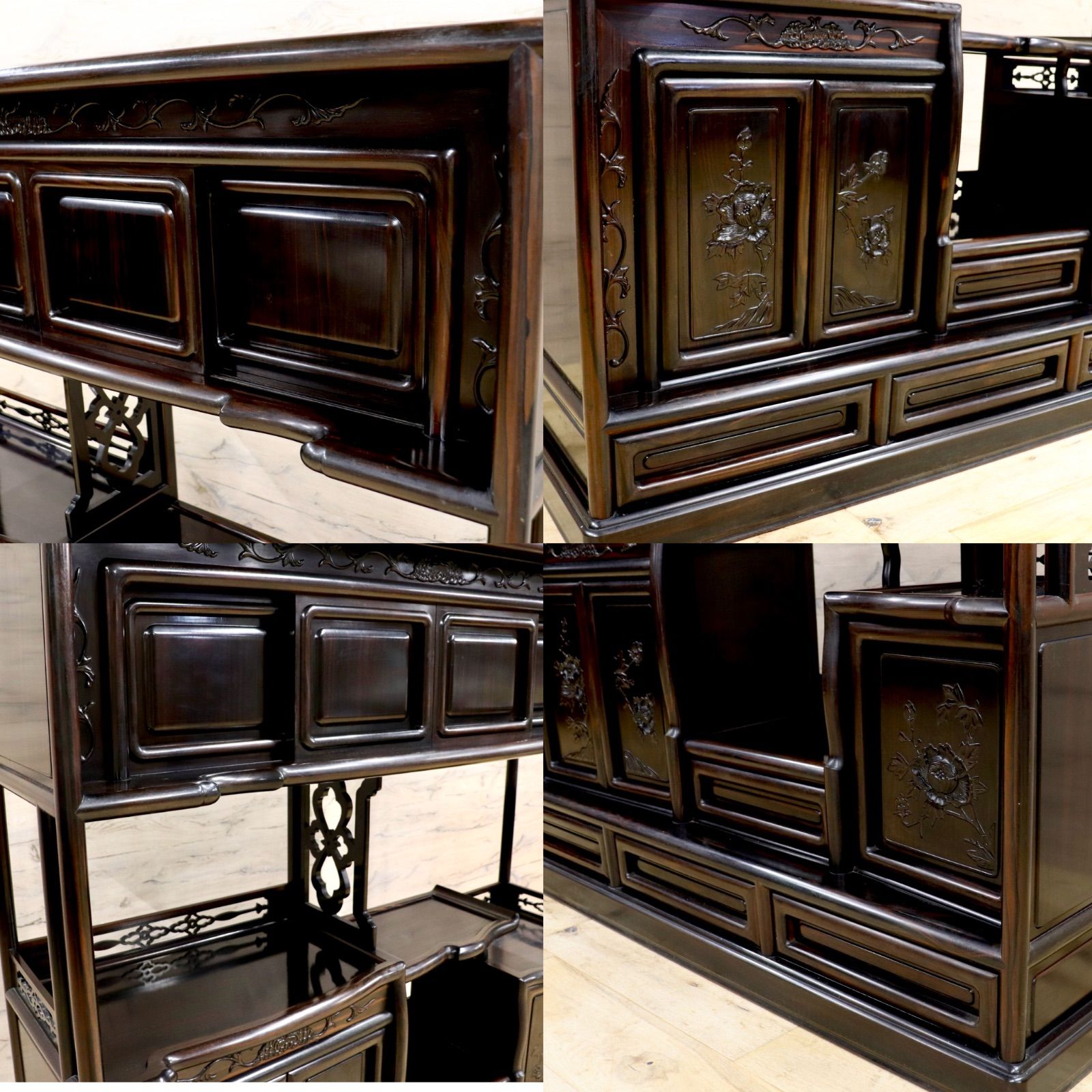 GMIH344○黒檀 茶棚 飾り棚 違い棚 サイドボード キャビネット 唐木