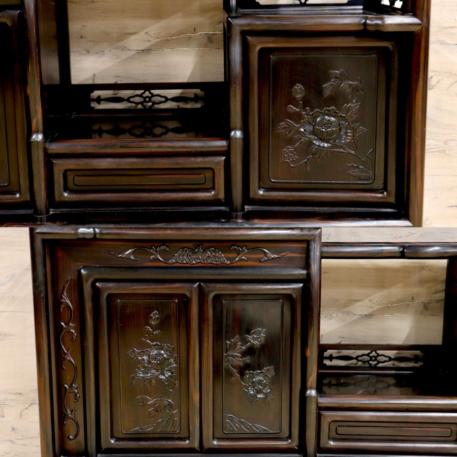 GMIH344○黒檀 茶棚 飾り棚 違い棚 サイドボード キャビネット 唐木