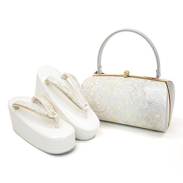 Sサイズ 振袖用 厚底 草履バッグセット zb-826 成人式 卒業式 結婚式 桜 ホワイト 白 振袖 訪問着 金 ゴールド 京都うさぎ堂