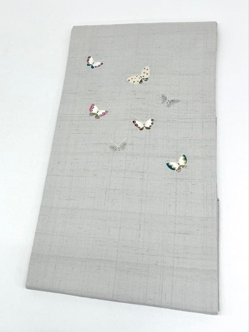 生紬 手描き 九寸名古屋帯 蝶 正絹 お太鼓柄 D 240