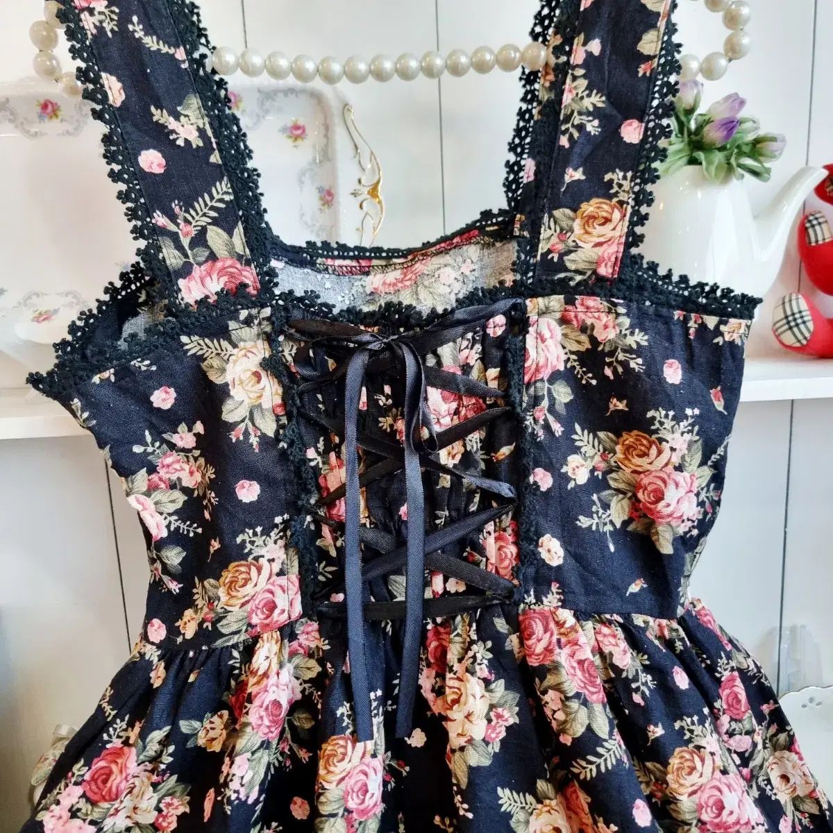  フラワー パータン ビスチェ ONE PIECE ブラック 長袖 七分袖 ひざ丈ワンピース