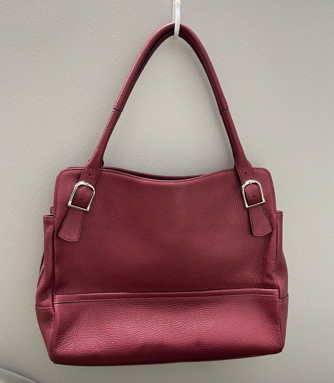 銀座かねまつ レザートートバッグ ロングショルダー シボ加工 ピンク