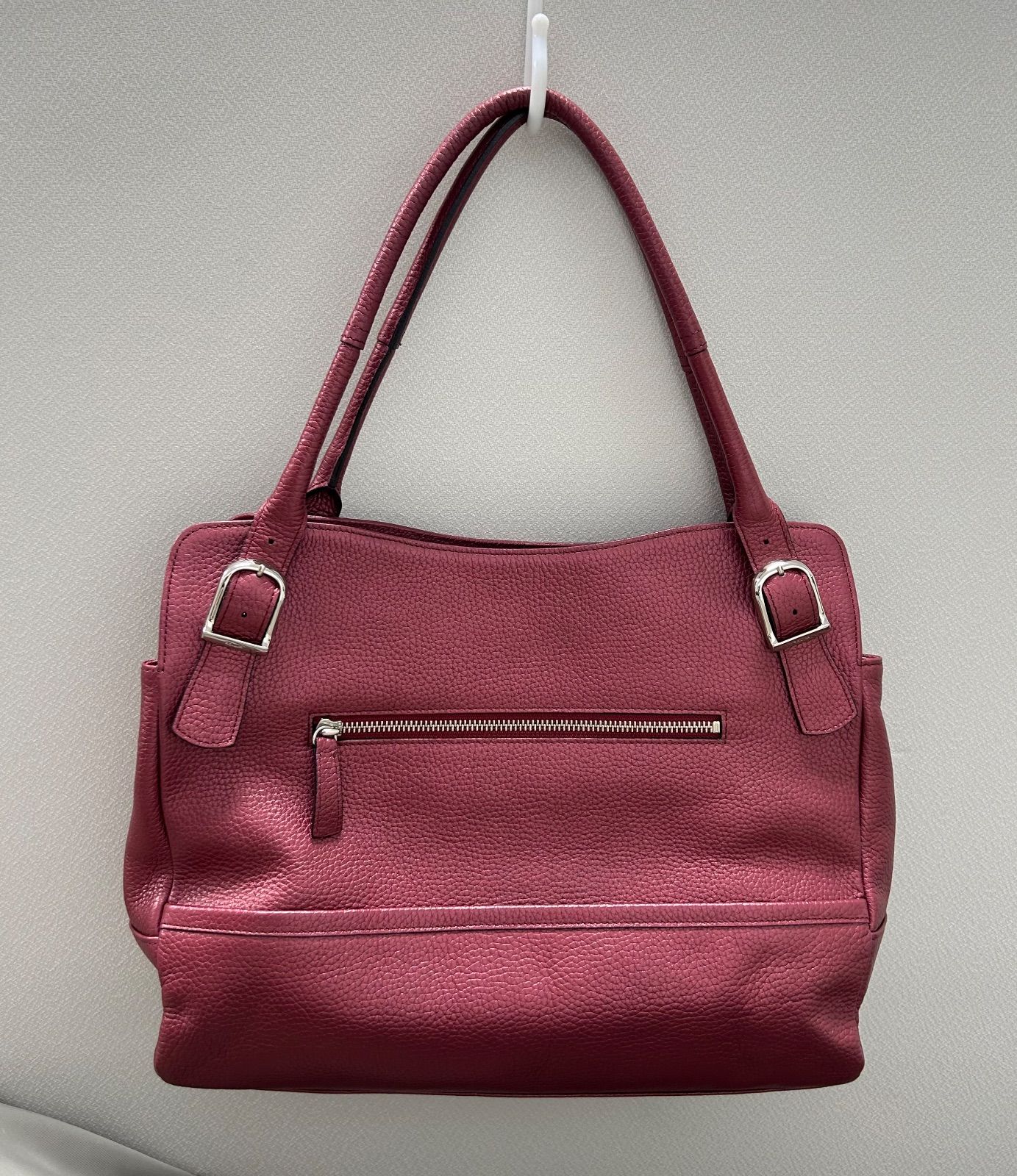 銀座かねまつ レザートートバッグ ロングショルダー シボ加工 ピンク