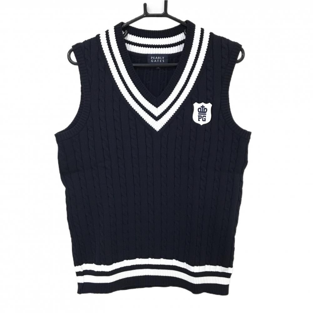 超 パーリーゲイツ ニットベスト ネイビー×白 Vネック ケーブル編み メンズ 5 L ゴルフウェア PEARLY GATES