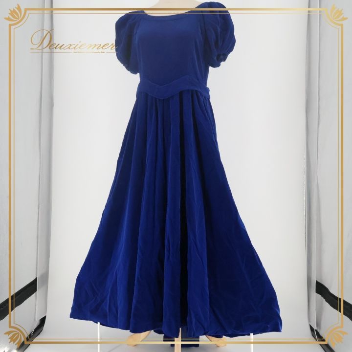 フラダンス 衣装 ワンピース ドレス ブルー系 ロングワンピース ベロア生地 パフスリーブ アシンメトリー 切り返し かわいい 上品 感 ツヤ感 豪華 華やか ハワイアン アロハ フラ ダンス レッスン 練習 ドレスアップ シンプル エレガント