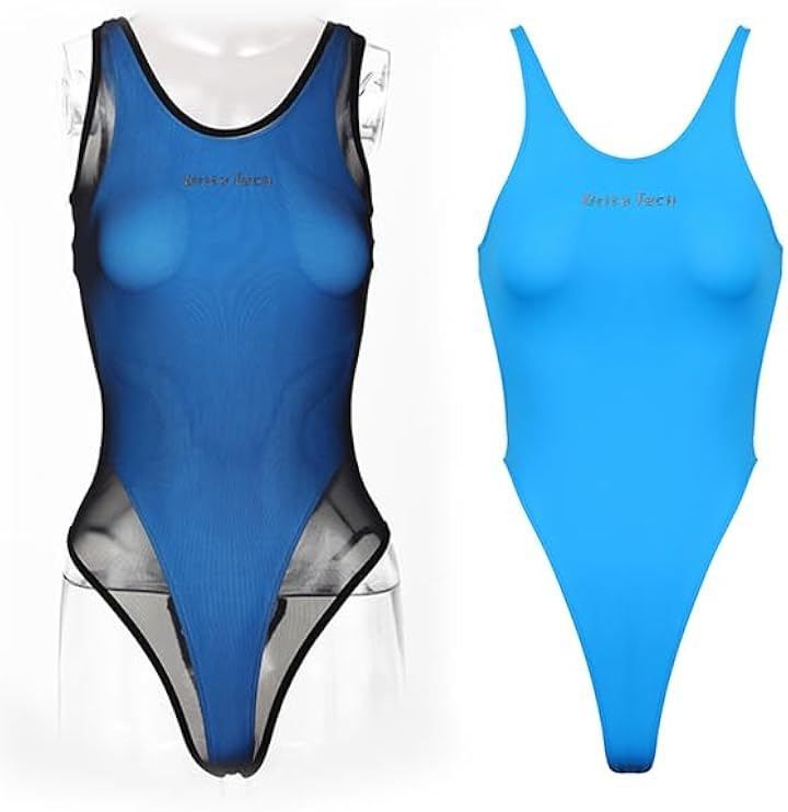 Litany シースルーメッシュワンピース水着 競泳水着 レオタード セクシー コスプレ コスチューム ブルーx黒メッシュ S