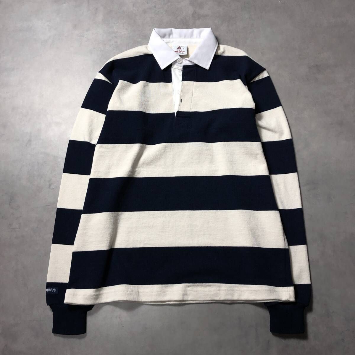 GQ 4357 BARBARIAN カナダ製 ボーダー柄ラガーシャツ L ネイビー 白系 バーバリアン