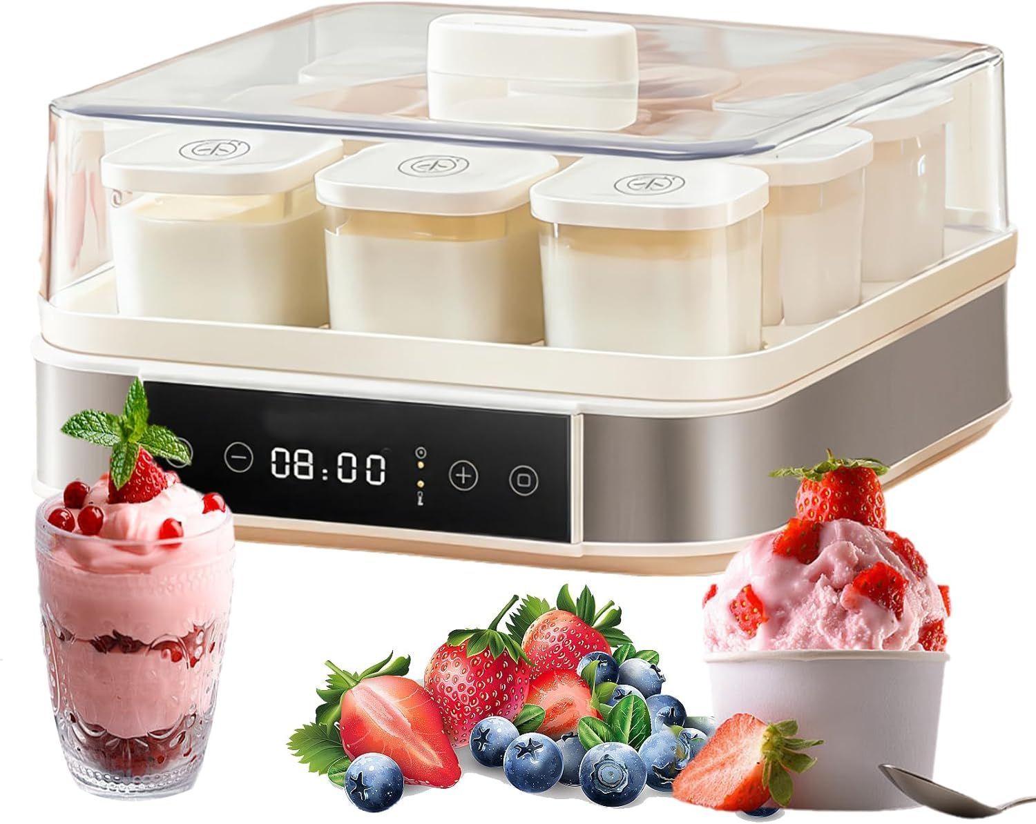 推薦 自動ヨーグルトメーカー デジタルディスプレイとビジュアル蓋付きヨーグルトメーカーマシン 温度と時間の調節 9 170 mlガラスジャー 家庭用オーガニックヨーグルト チーズメーカー用ステンレススチールヨーグルトメーカー