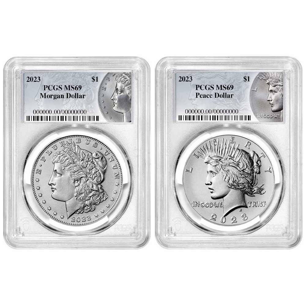 2点セット - 2023年 1ドル モルガン＆ピース シルバーダラー PCGS MS69